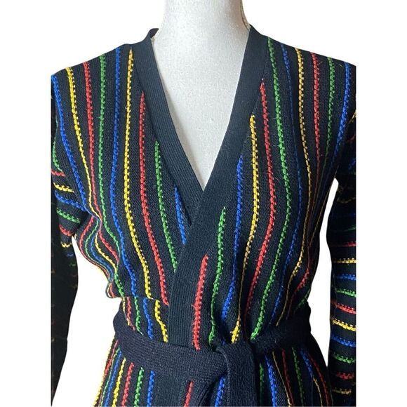 Genesis Womens Black Multicolor Stripe Knit Belted Cardigan Small - Picture 2 of 4